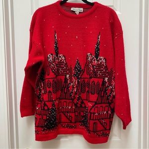 Precious Knits Vintage Red Christmas Village Sweater, Made in USA